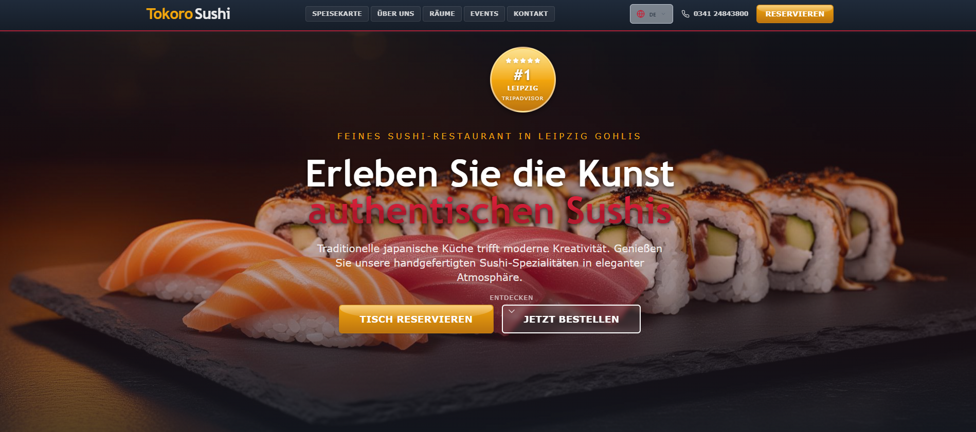 Startseite der bisherigen Tokoro-Website mit Reservierung, Speisekarte und Bestellung