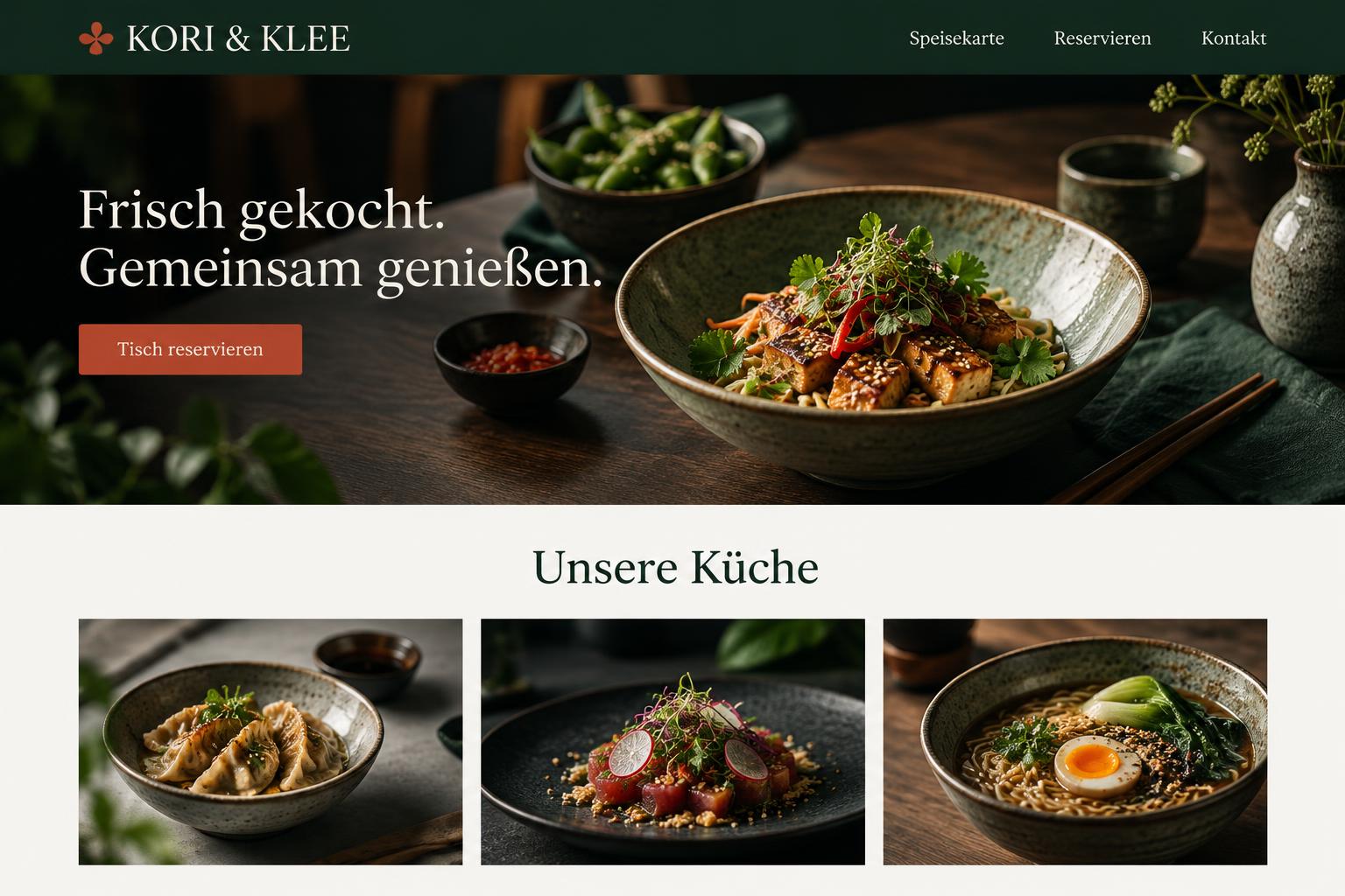 Fiktiver Restaurant-Website-Entwurf KORI & KLEE mit Speisen und Reservierungsweg
