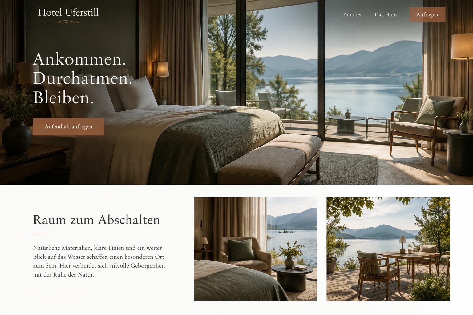 Fiktiver Hotel-Website-Entwurf Hotel Uferstill mit Zimmer am See und Aufenthaltsanfrage